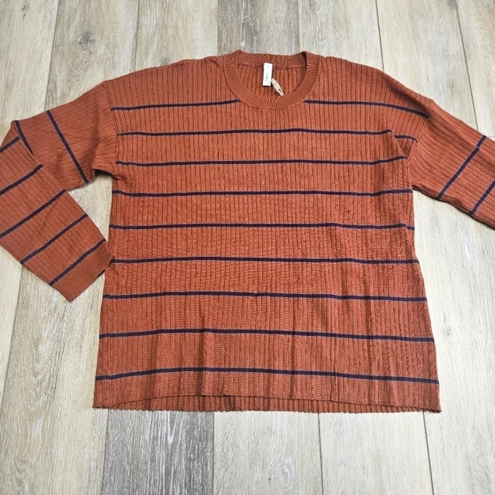 Wishlist Striped Ribbed Long Sleeve Top Women's Large Burnt Orange Navy